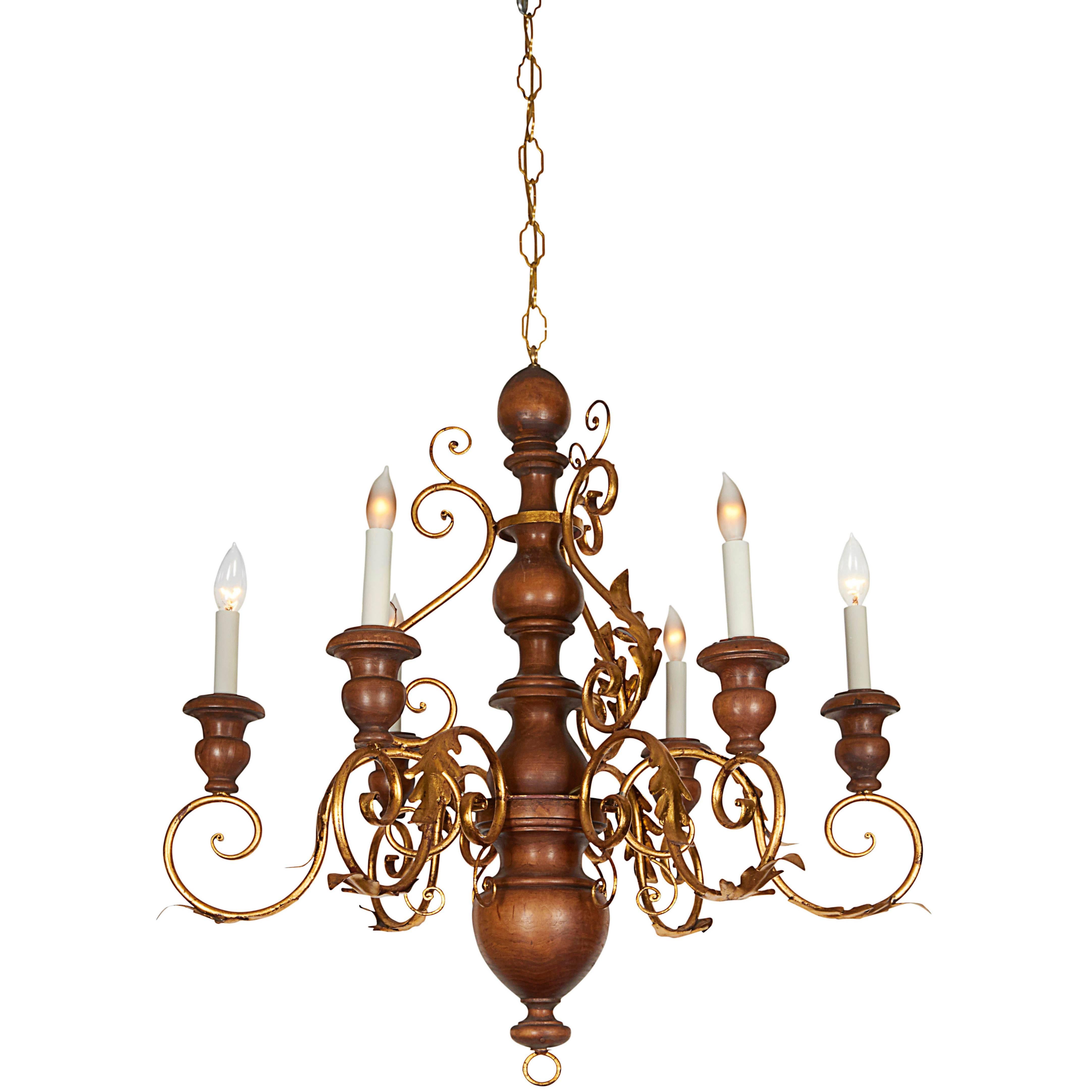 Mid-Century Six-Light Florentine Wood and Gilt Metal Chandelier