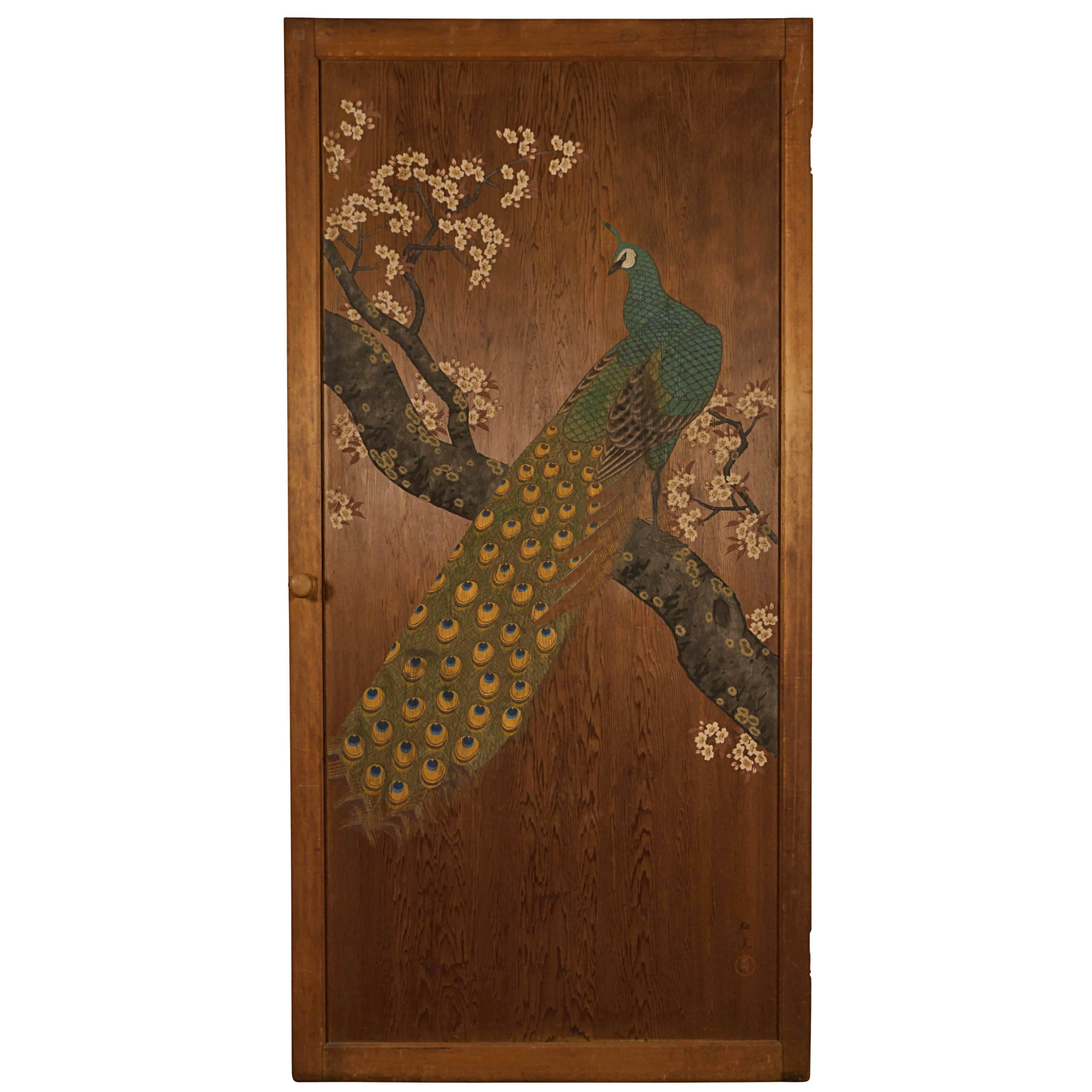 Japanese Door with Peacock Painting, Late 19th-Early 20th Century