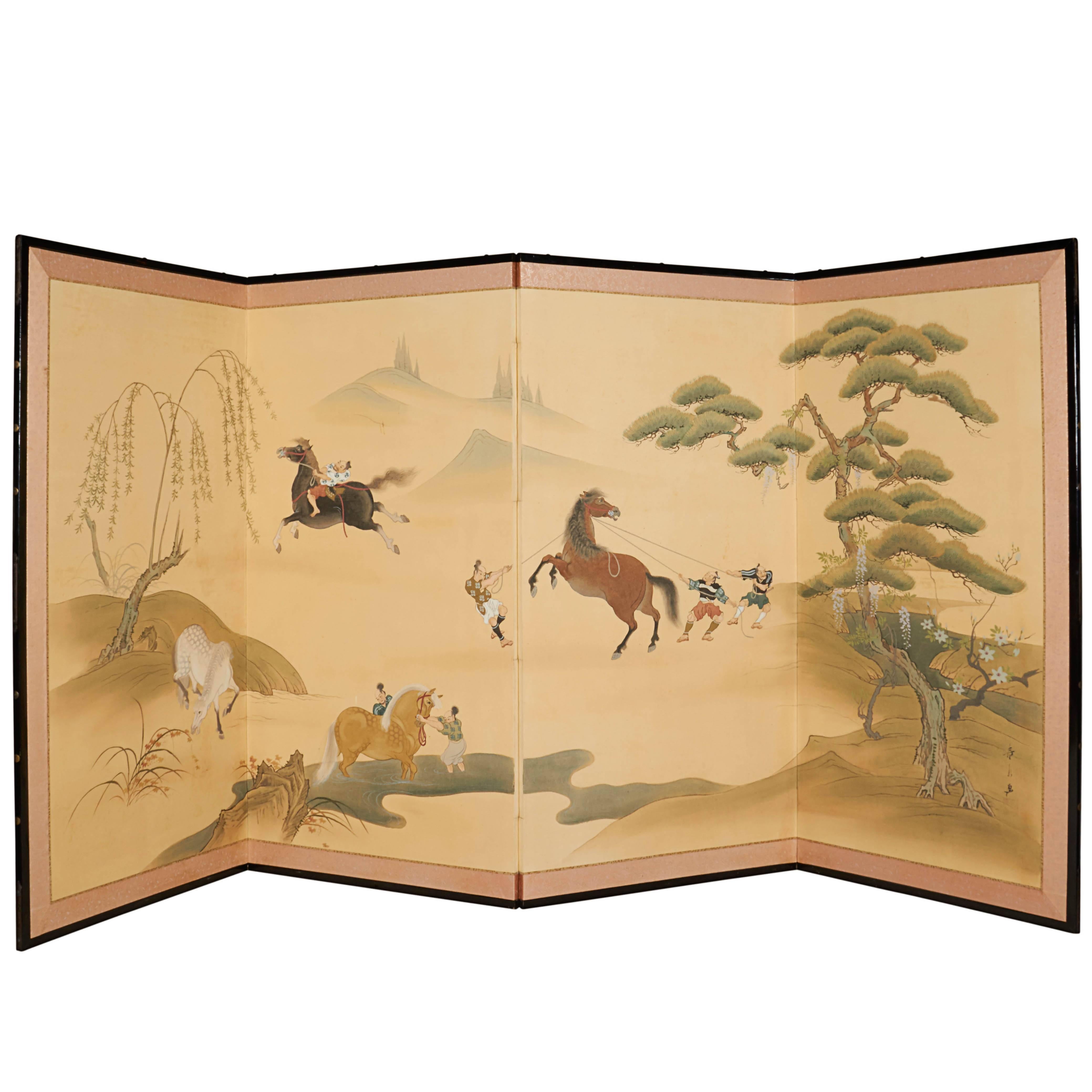 Japanese Early 20th Century Four-Panel Screen of Riders Taming Horses For Sale