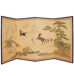 Japanese Early 20th Century Four-Panel Screen of Riders Taming Horses 8