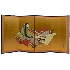 Japanese Showa Period Four-Panel Screen 'Tales Of Genji' With Lady Murasaki