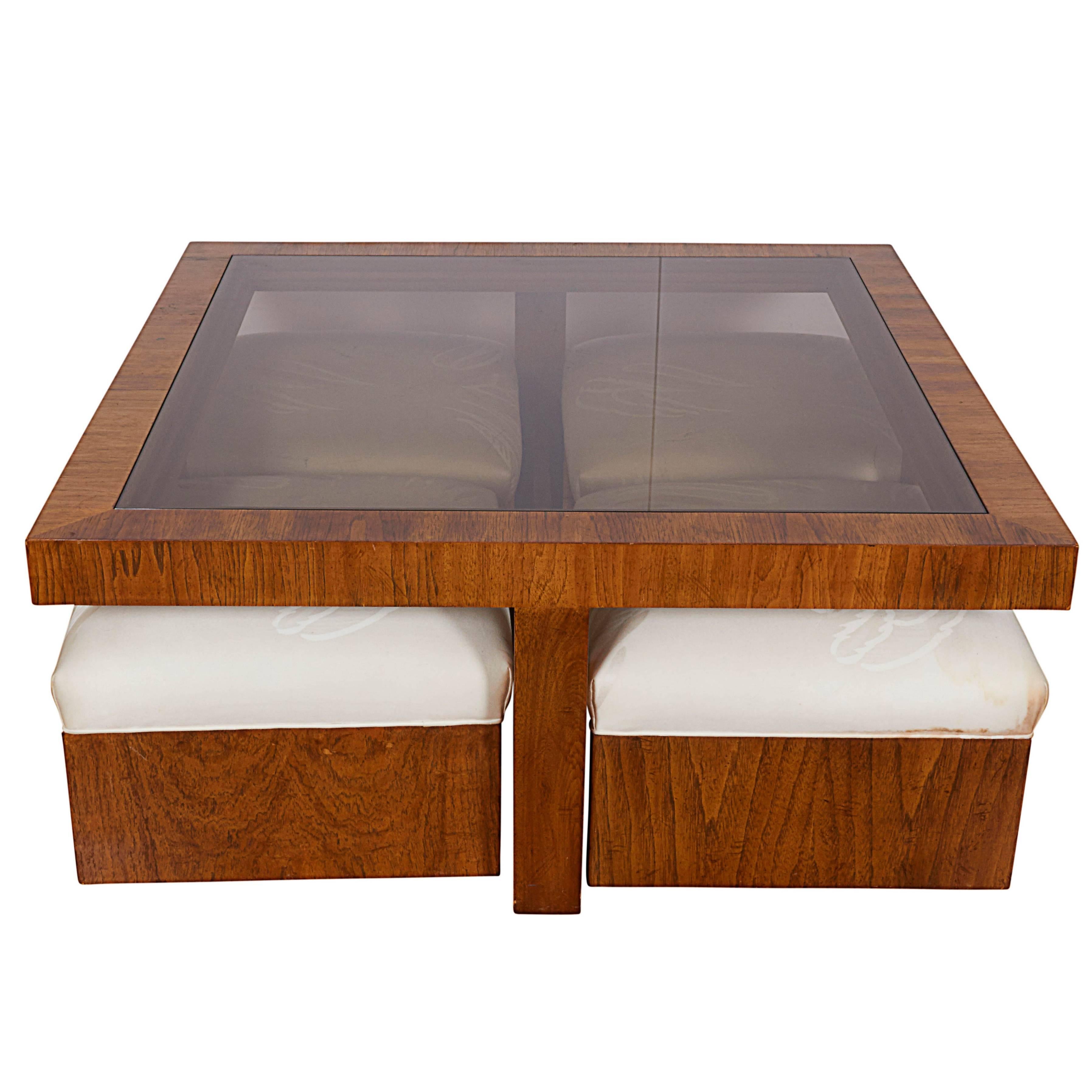 Drexel Consensus Collection Glass Top Cocktail Table with Four Ottomans