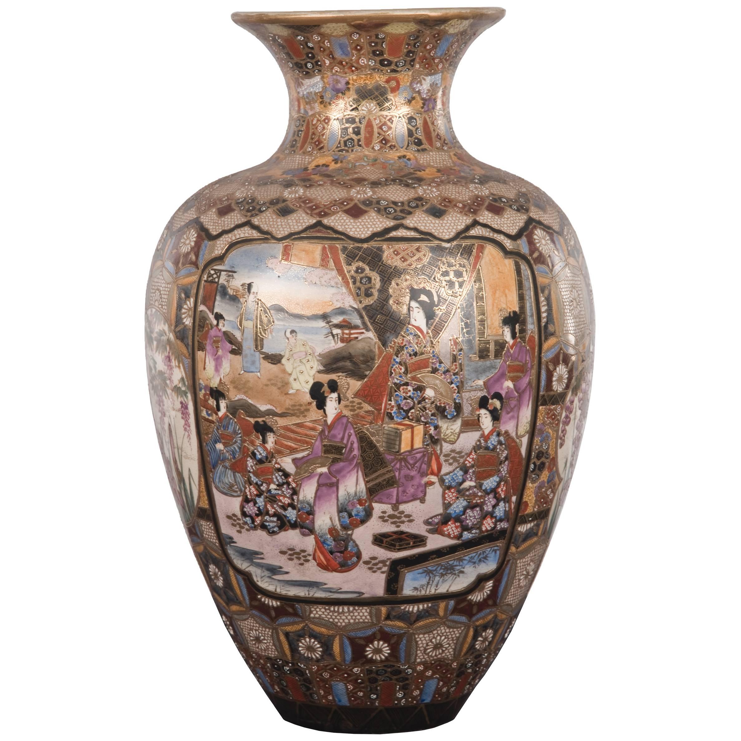 Japanese Gilded Brocade Satsuma Vase with Figures