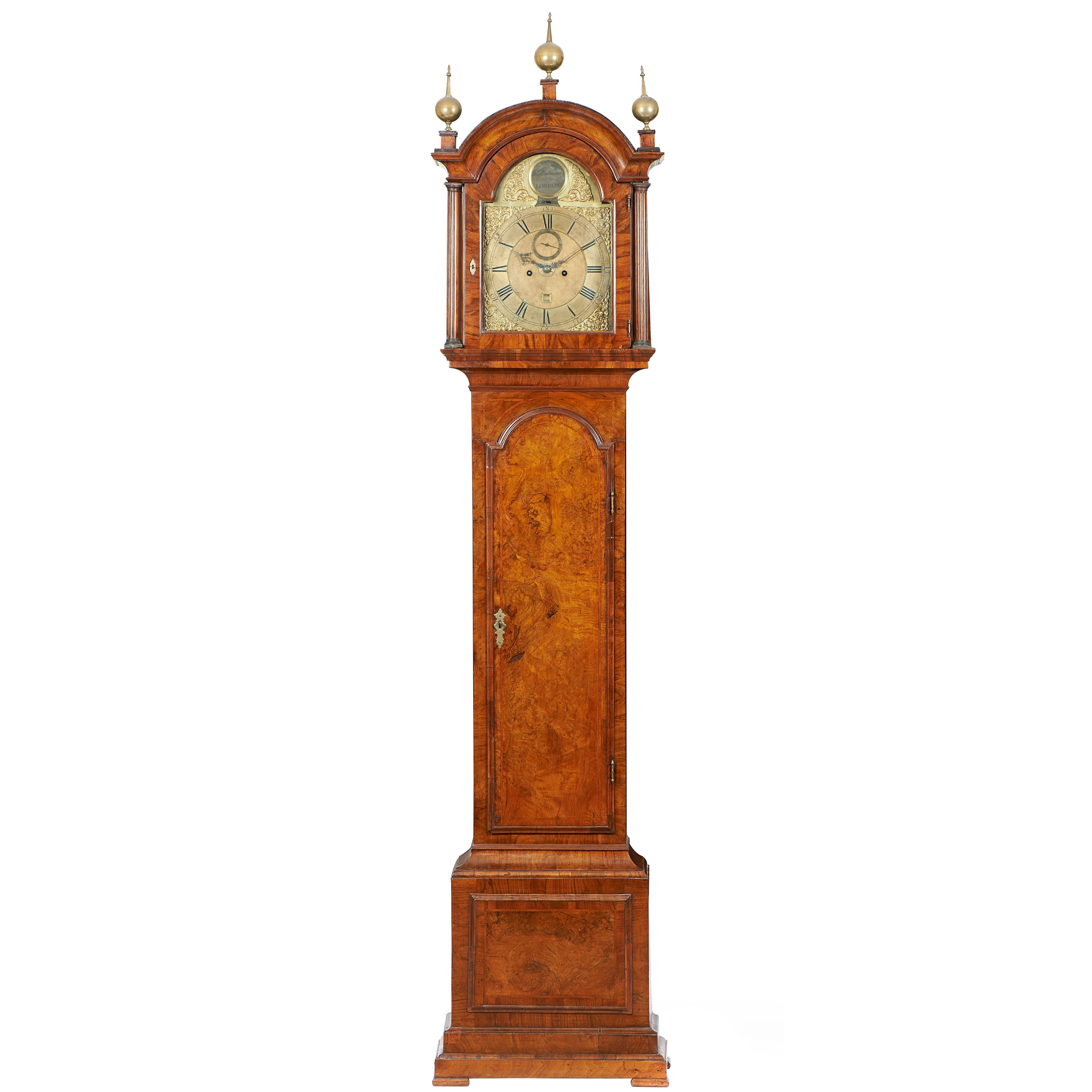 English Grandfather Walnut Clock, 18th Century  For Sale
