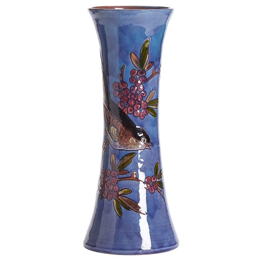 William Baron Blue Art Pottery Bird Trumpet Vase, circa 1900