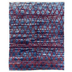 Alfombra marroquí moderna hecha a mano en azul y rojo. 100% lana. Opciones personalizadas disponibles
