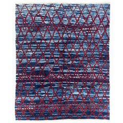 Tapis marocain moderne fait à la main en bleu et rouge. 100 % laine Options sur-mesure disponibles