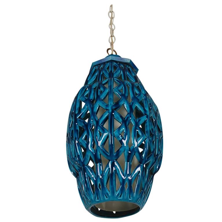 Italian Mid-Century Modern Blue Glazed Pottery Hanging Lamp after