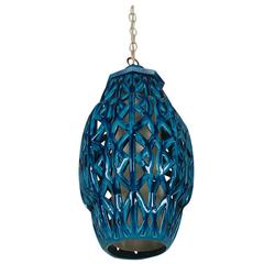 Italian Mid-Century Modern Blue Glazed Pottery Hanging Lamp after Bitossi