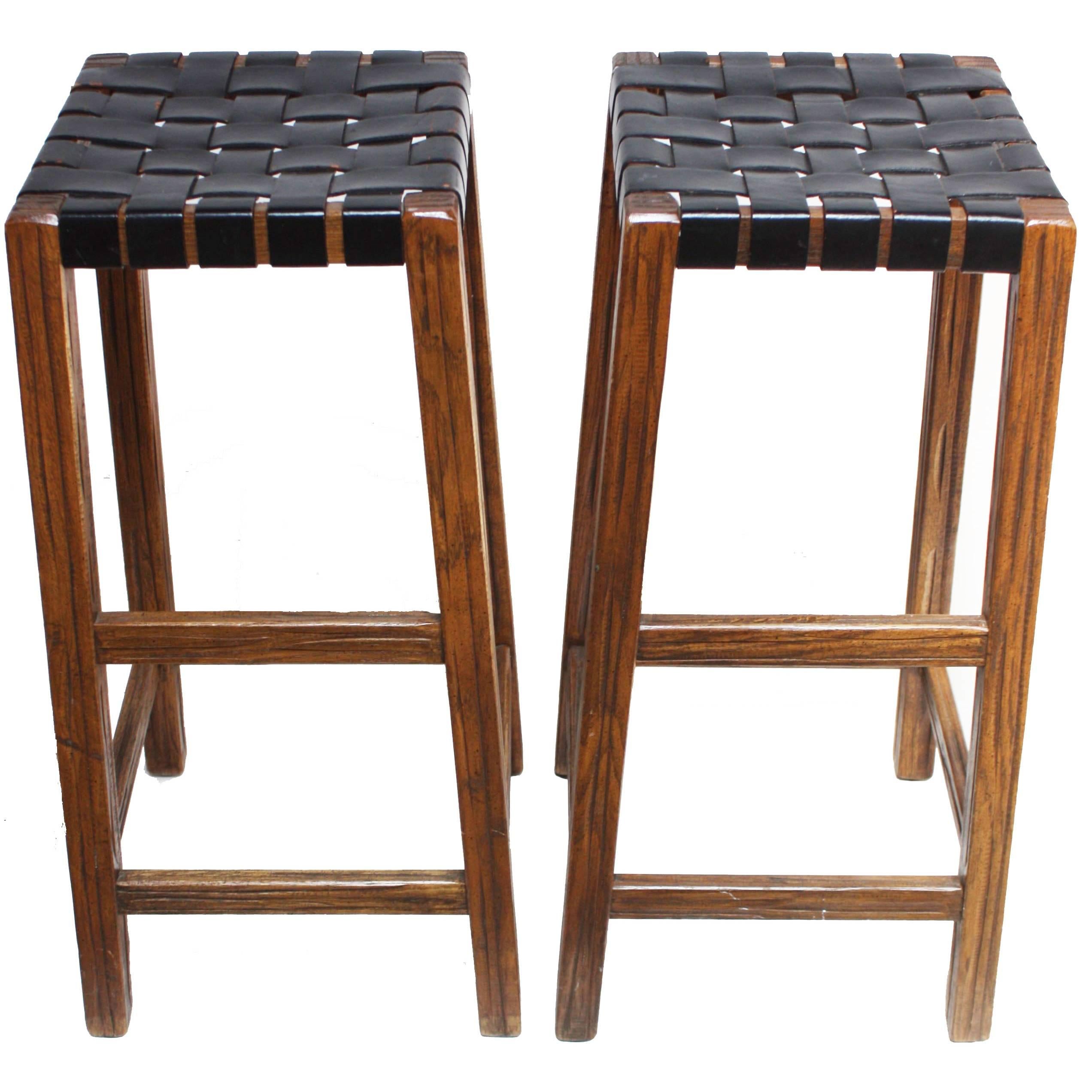 Pair of Stained Walnut Bar Stools with Original Leather Webbing