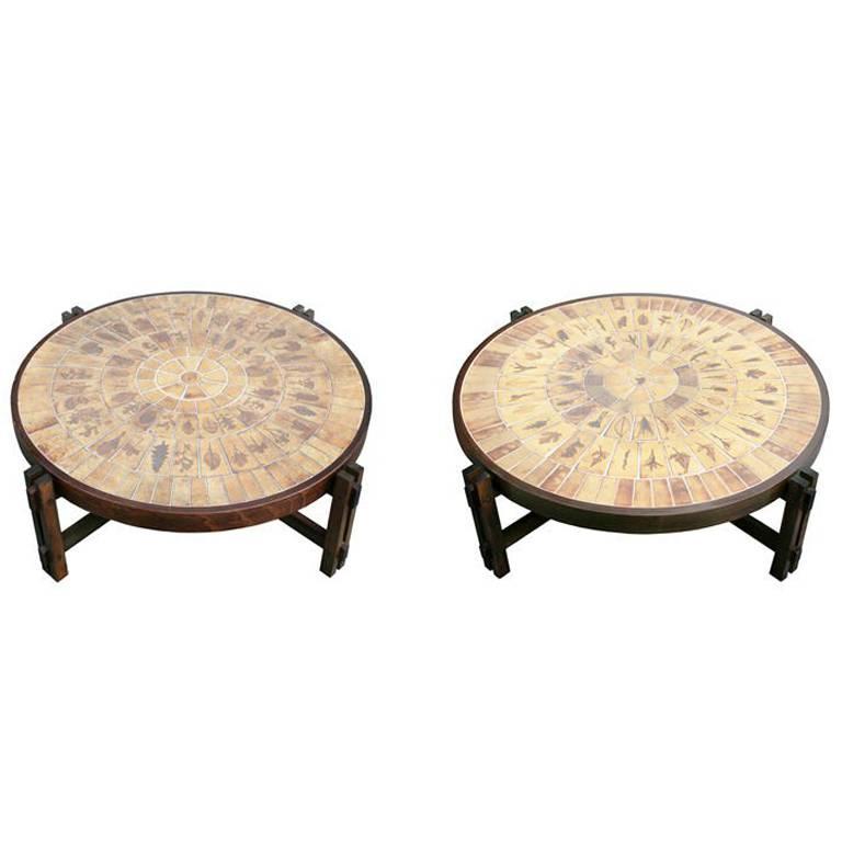 Pair of Low Tables with Stoneware Tile Tops by Roger Capron For Sale