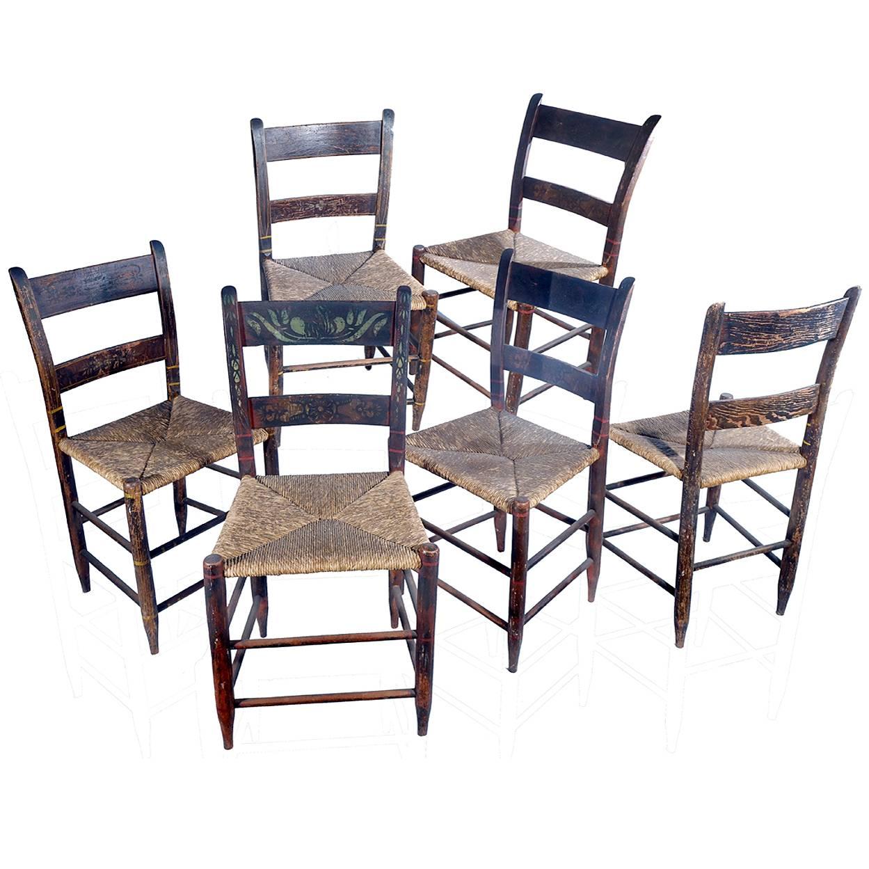 Set of Six Hand-Painted Rush Chairs