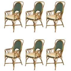 Set of Six Beautiful Bamboo "Trefle" French Masterpiece Weave Armchairs