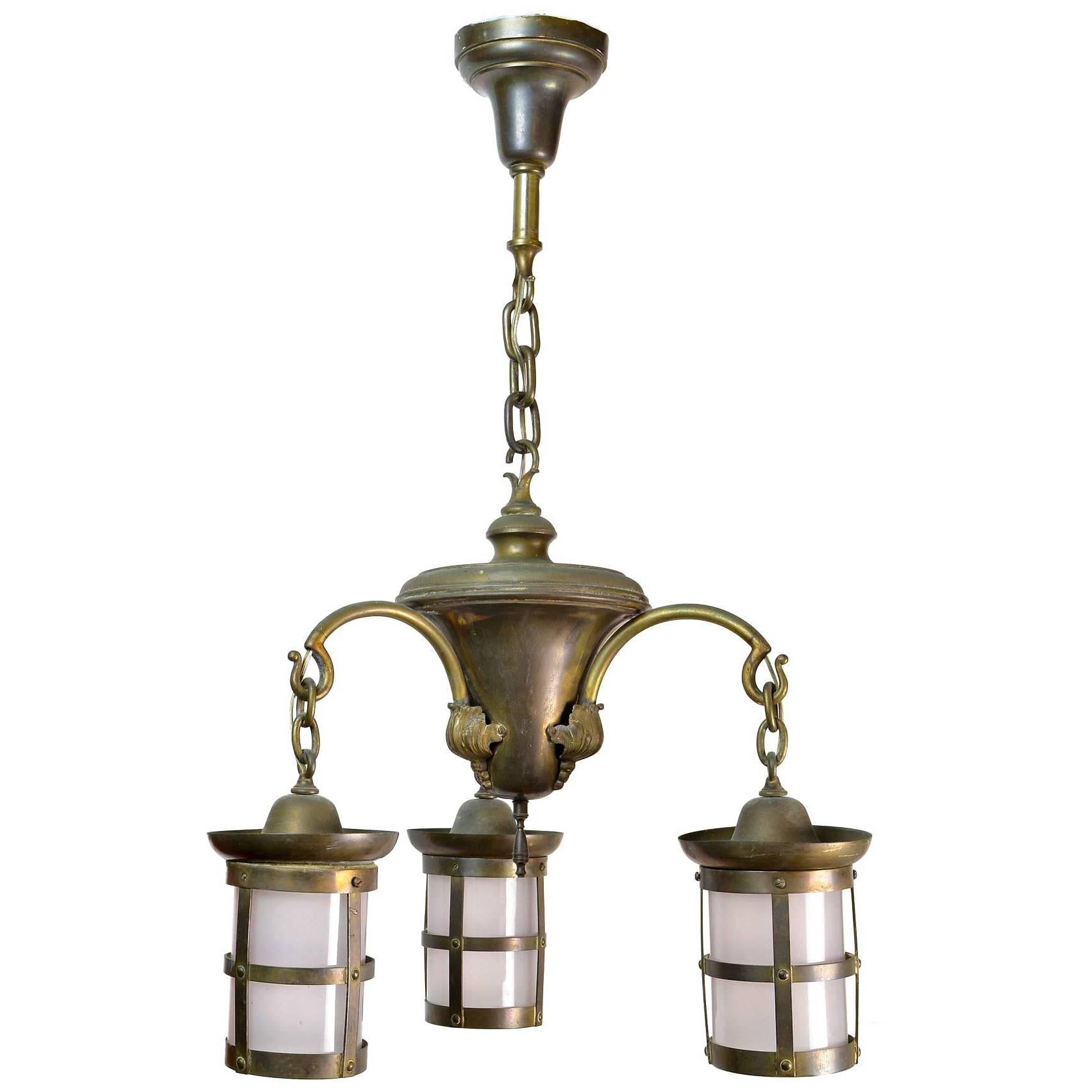 Brass Three-Arm Craftsman Chandelier with Lantern Style Shades For Sale