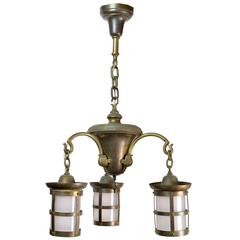 Brass Three-Arm Craftsman Chandelier with Lantern Style Shades 8
