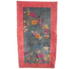 Antique Chinese Art Deco Oriental Rug, in Small Size, with Green Field