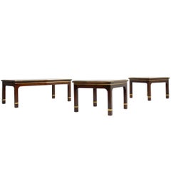 Beautiful Set of Three 1960s Mahogany Coffee and Side Tables Brass and Glass