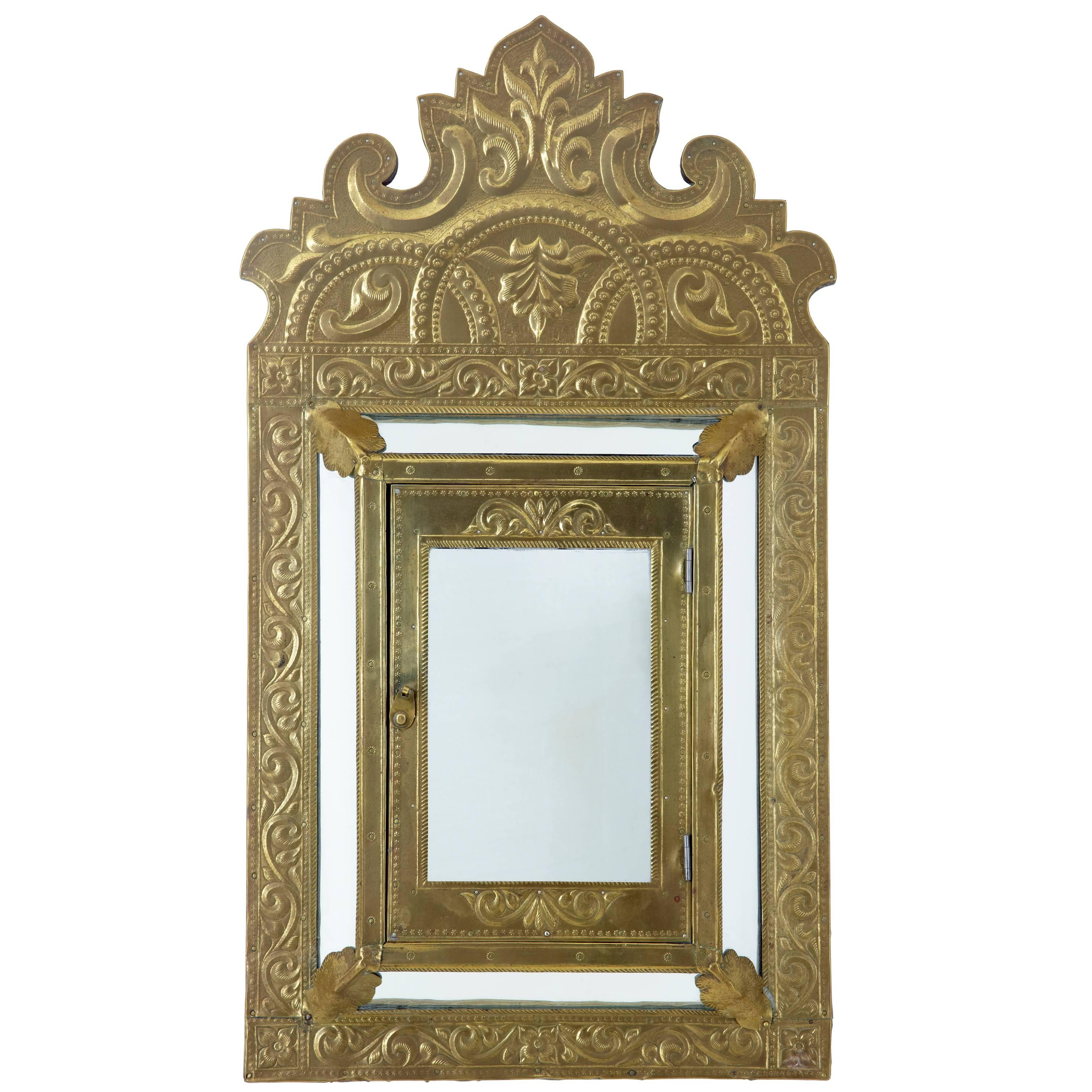 Art Nouveau Brass Small Cushion Mirror Cabinet