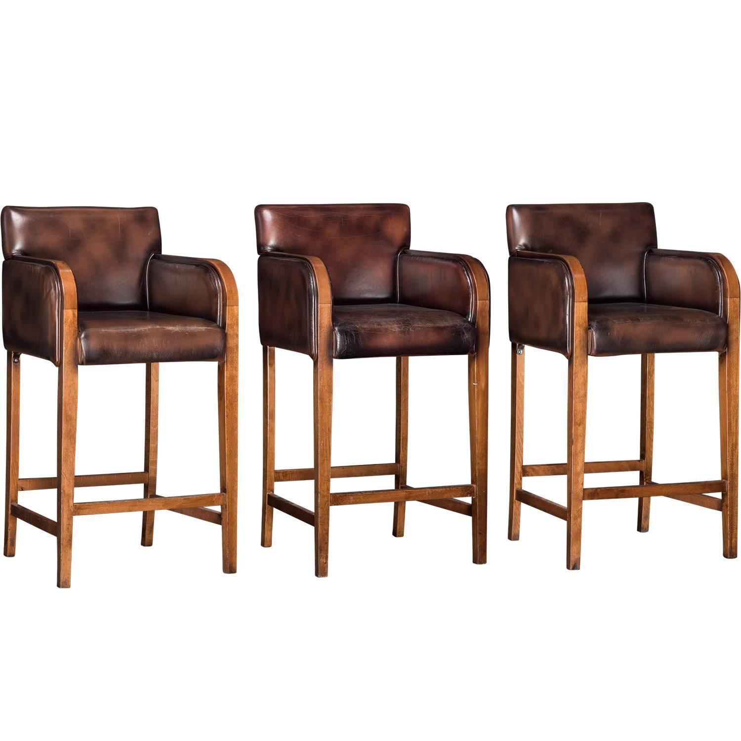 Leather / Wood Bar Stools at 1stdibs