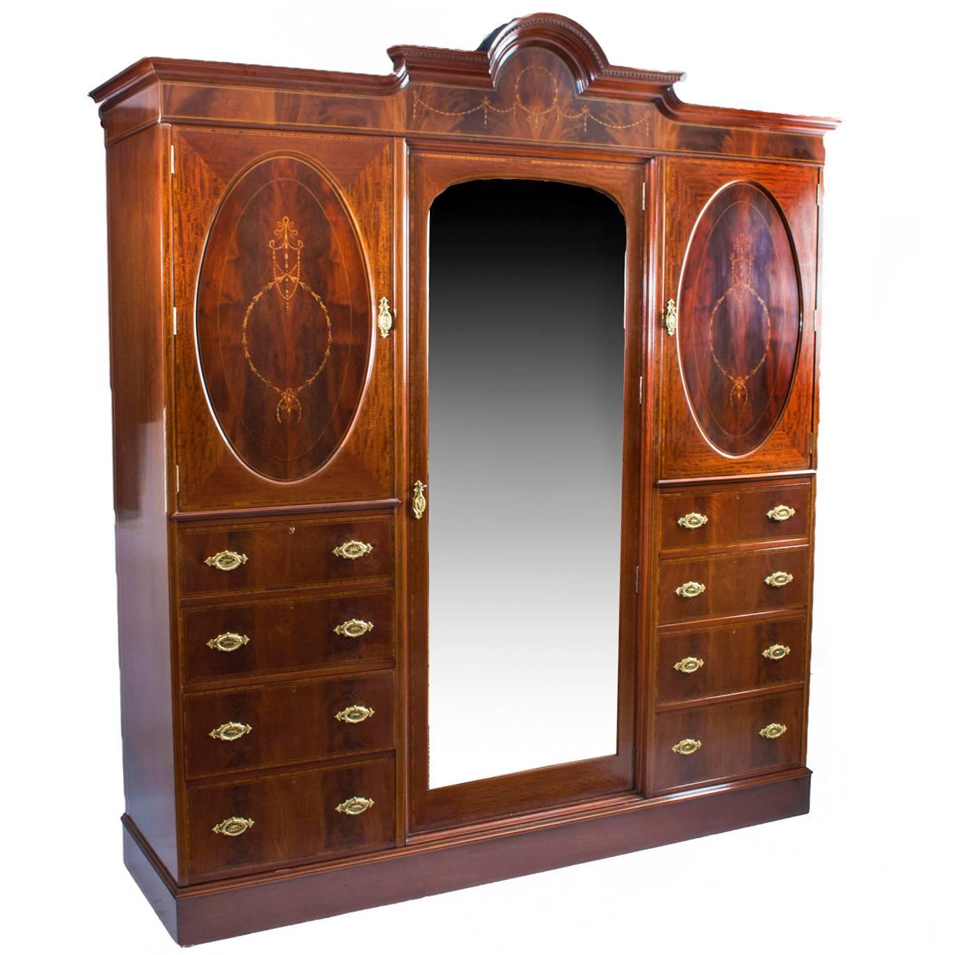 Antique English Victorian Mahogany and Inlaid Wardrobe, circa 1880