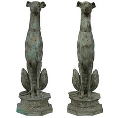 Antique Pair of Continental 19th Century Verdigris Patinated Bronze Whippet Dogs