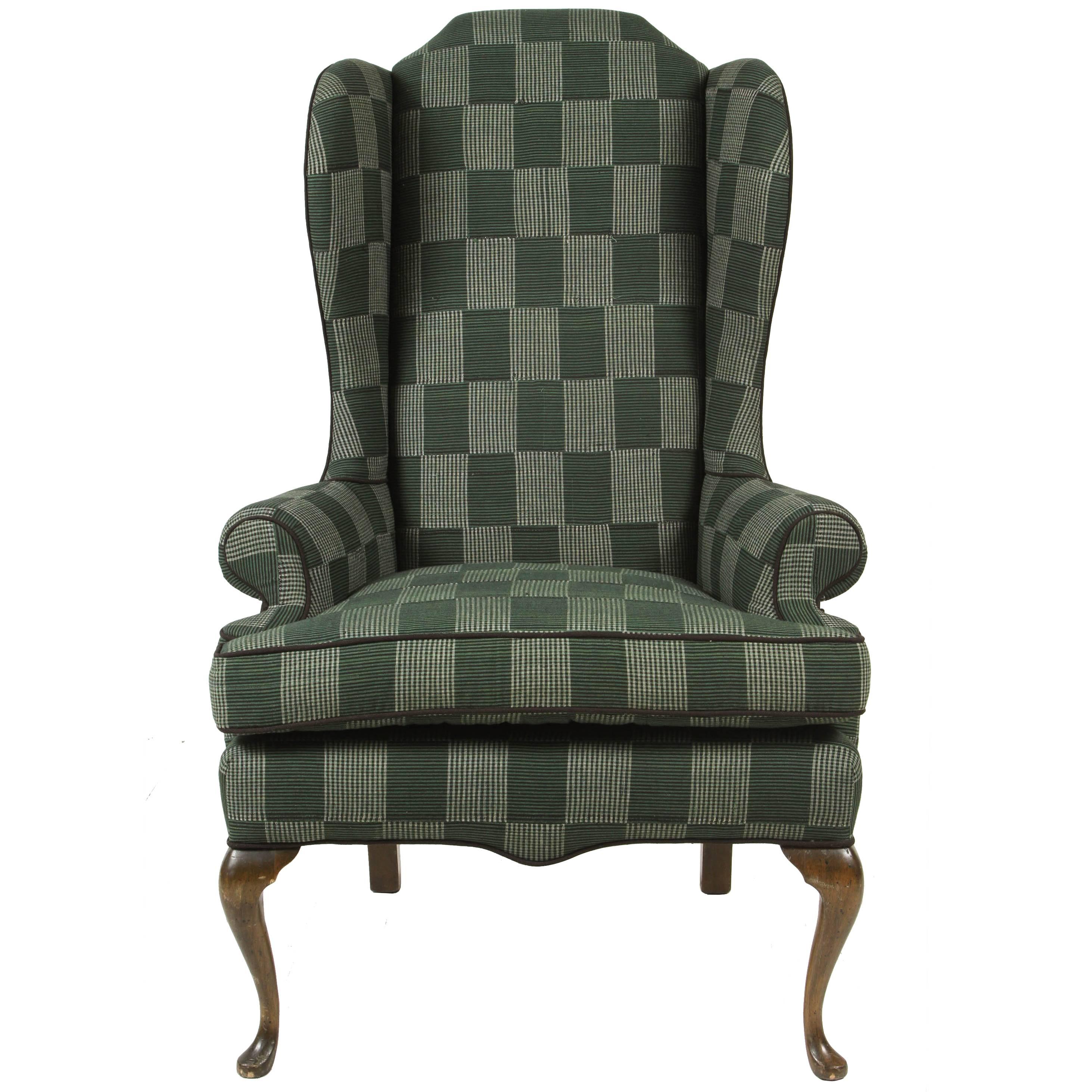 Classical Wing Chair Reupholstered in Green Plaid African Fabric