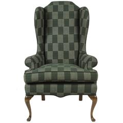 Antique Classical Wing Chair Reupholstered in Green Plaid African Fabric