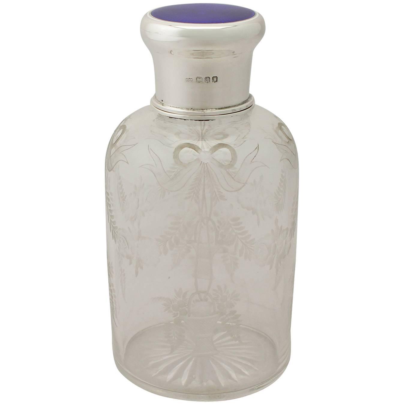 V Glass, Enamel and Sterling Silver Cologne Bottle For Sale at