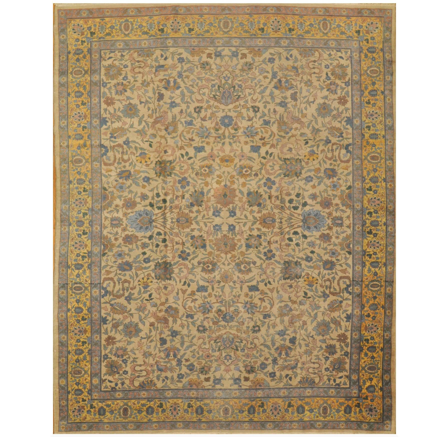 Antique Hand Knotted  Wool Gold Green Indian Agra Rug For Sale