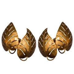 Pair of Golden Leaves Brutalist Wall Sconces