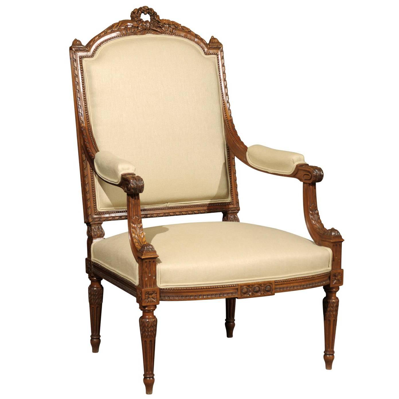 Single Antique Louis XVI Style Armchair in Walnut, circa 1870 For Sale