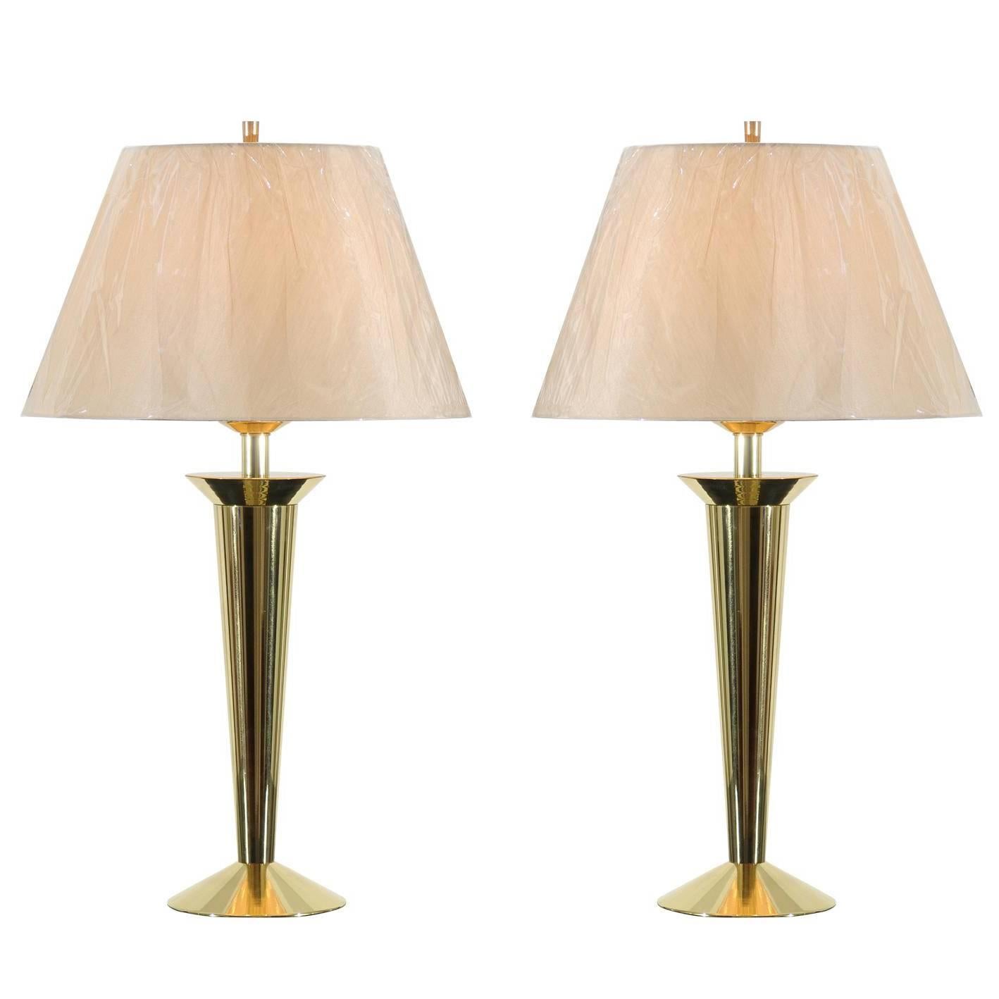 Restored Pair of Sleek Vintage Modern Lamps in Brass