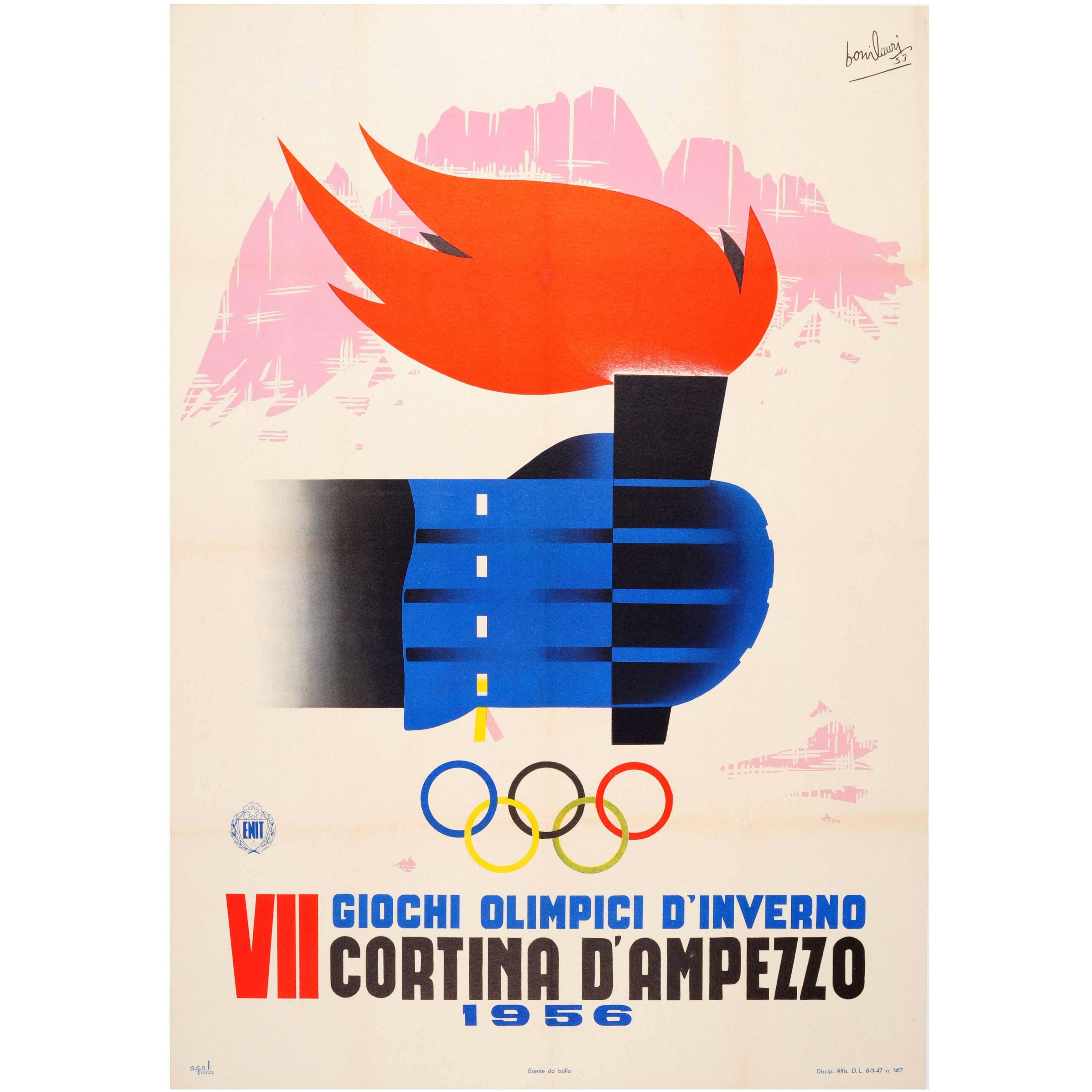 Original Vintage 1956 Winter Sport Poster, VII Olympic Games, Cortina, Italy