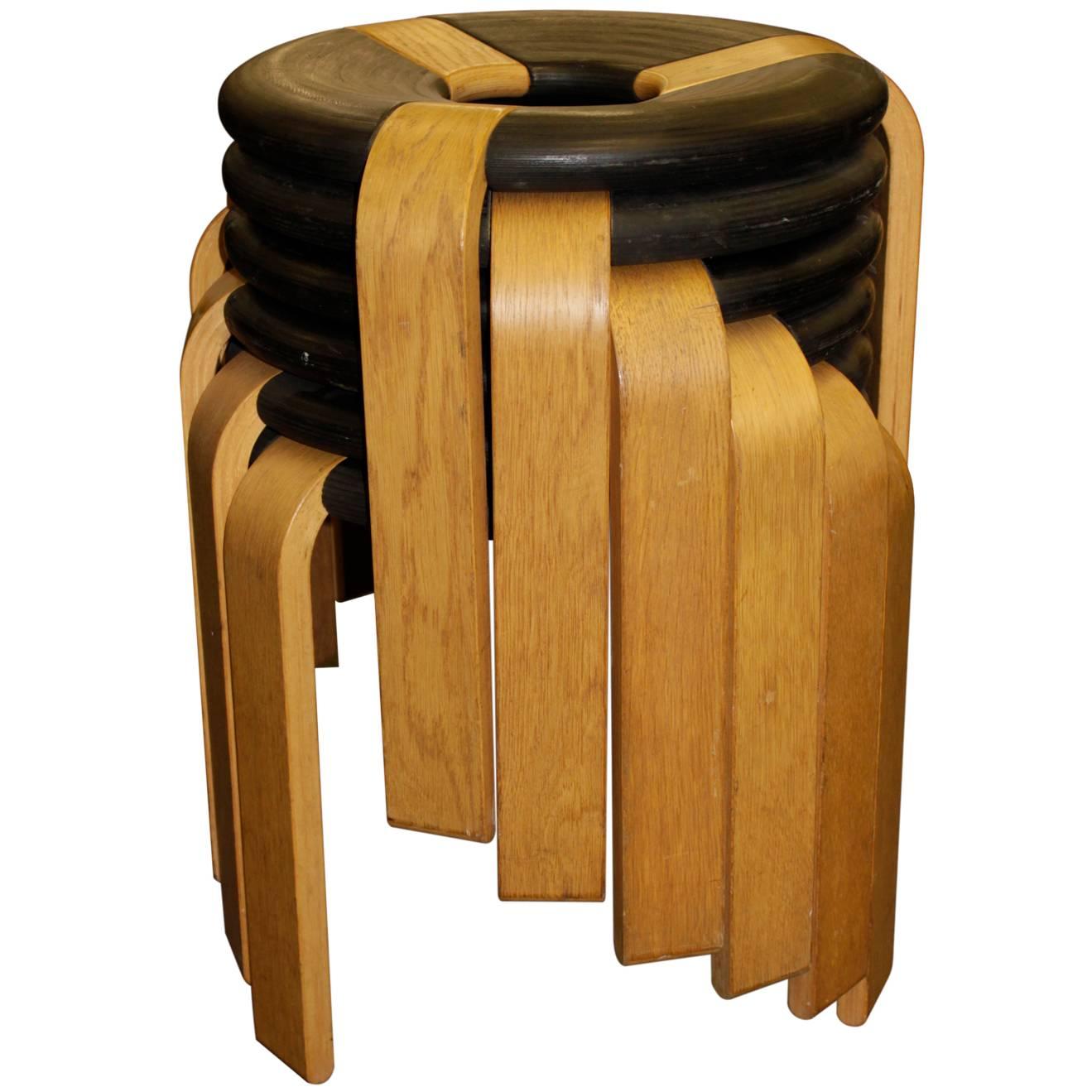 Mid-20th Century Set of Six Stacking Wooden Stools For Sale