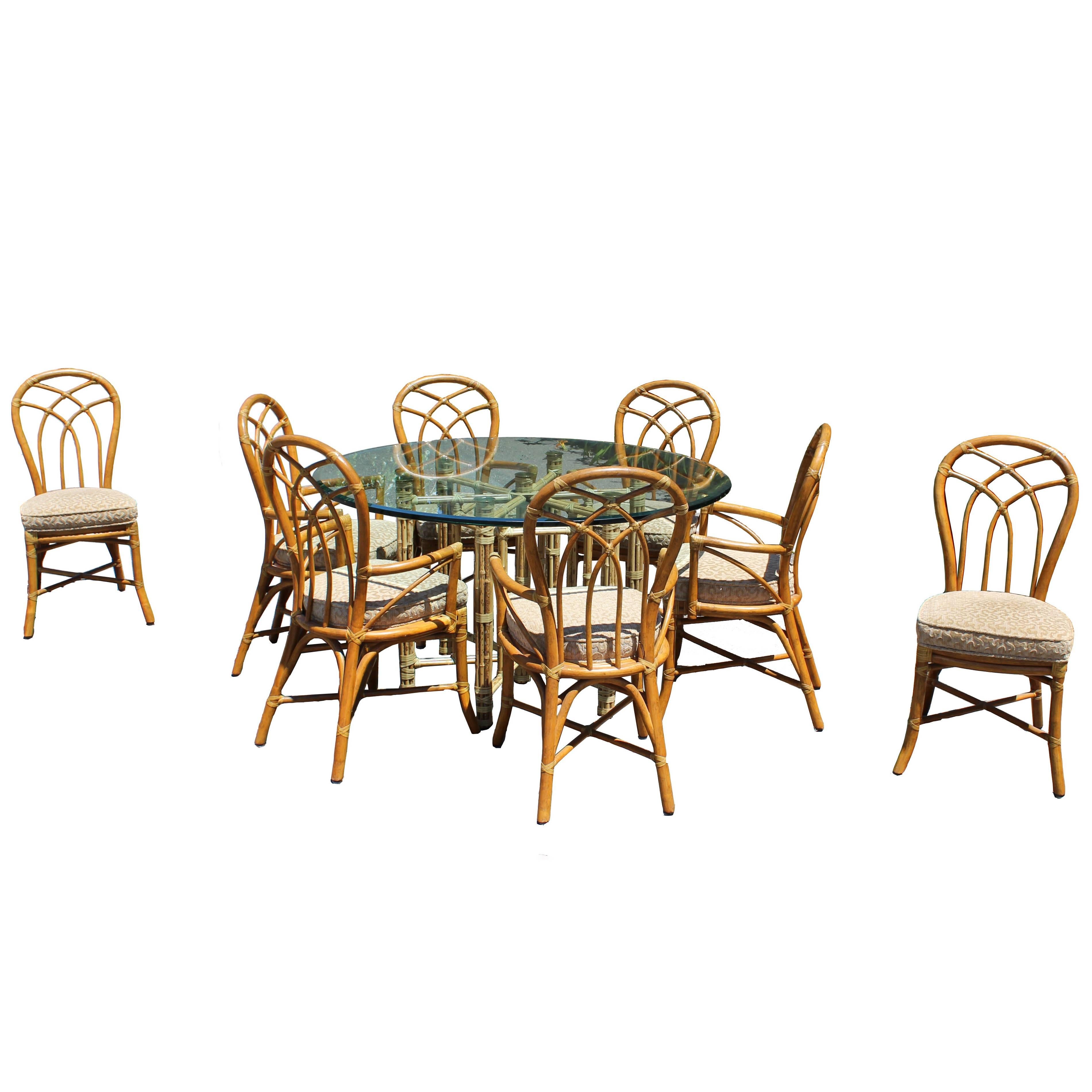Gorgeous McGuire Dining Set Bamboo Rattan Brass Signed Table and Eight Chairs