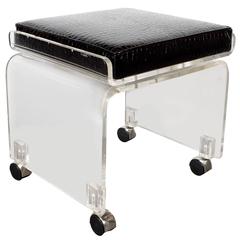 Mid-Century Lucite and Black Faux Crocodile Upholstery Swivel Stool or Bench 7