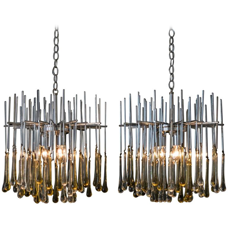 Pair Of Murano Teardrop Chandeliers With Amber And Clear Drops For Pair Of Murano Teardrop Chandeliers With Amber And Clear Drops For