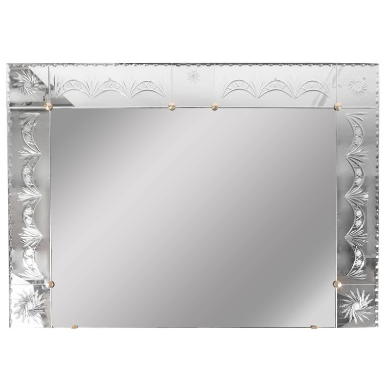 1940s Venetian Mirror With Reverse Etched And Chain Beveled 1940s Venetian Mirror With Reverse Etched And Chain Beveled Detailing For