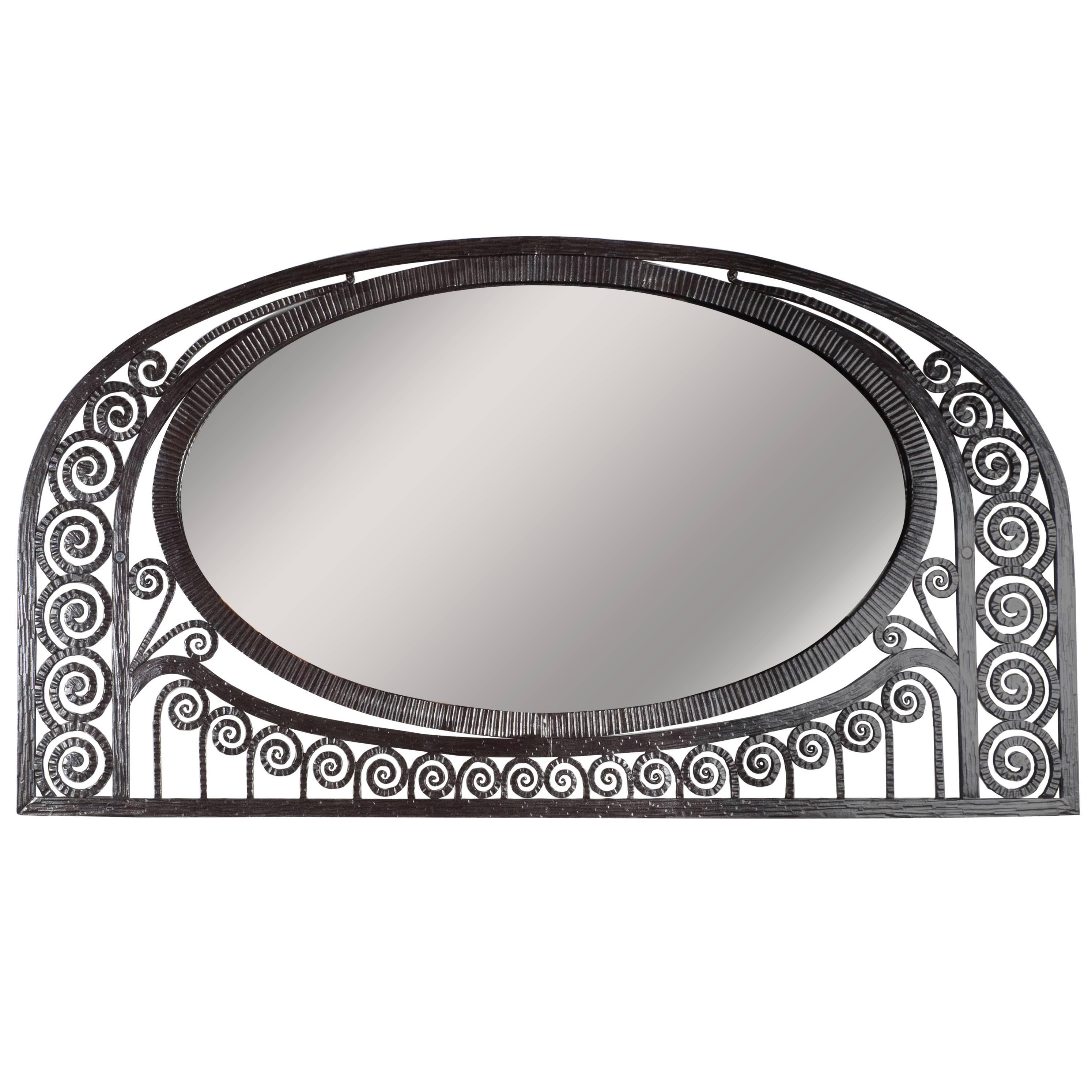 Art Deco Wrought Iron Mirror with Scroll Detailing in the Manner of Edgar Brandt