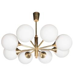 Mid-Century Italian Radial Brass Chandelier with Eight Frosted Glass Globes