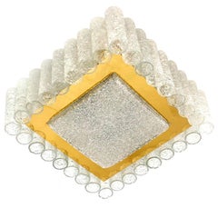 Beautiful 1960s Flush Mount Lamp by Doria Brass & Glass Tubes Square Chandelier