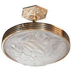French Art Deco Frosted Glass Foliate Cubist Detail Chandelier by Degué