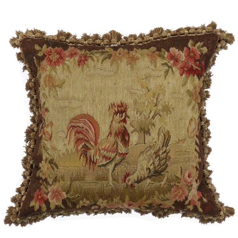 Late 19th Century Antique European Tapestry Pillow with Roosters at 1stdibs