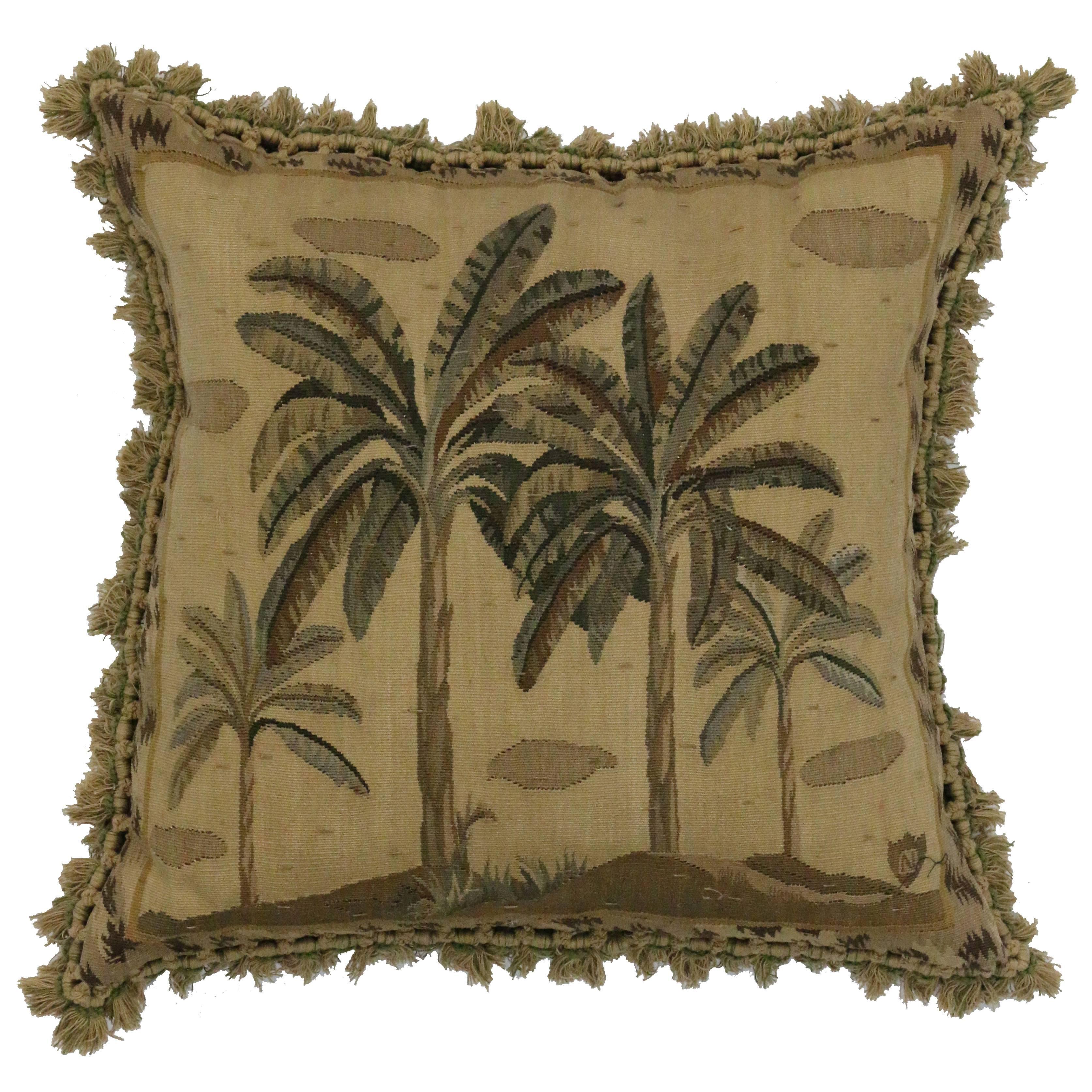 Late 19th Century Antique European Tapestry Pillow with Exotic Palm Trees