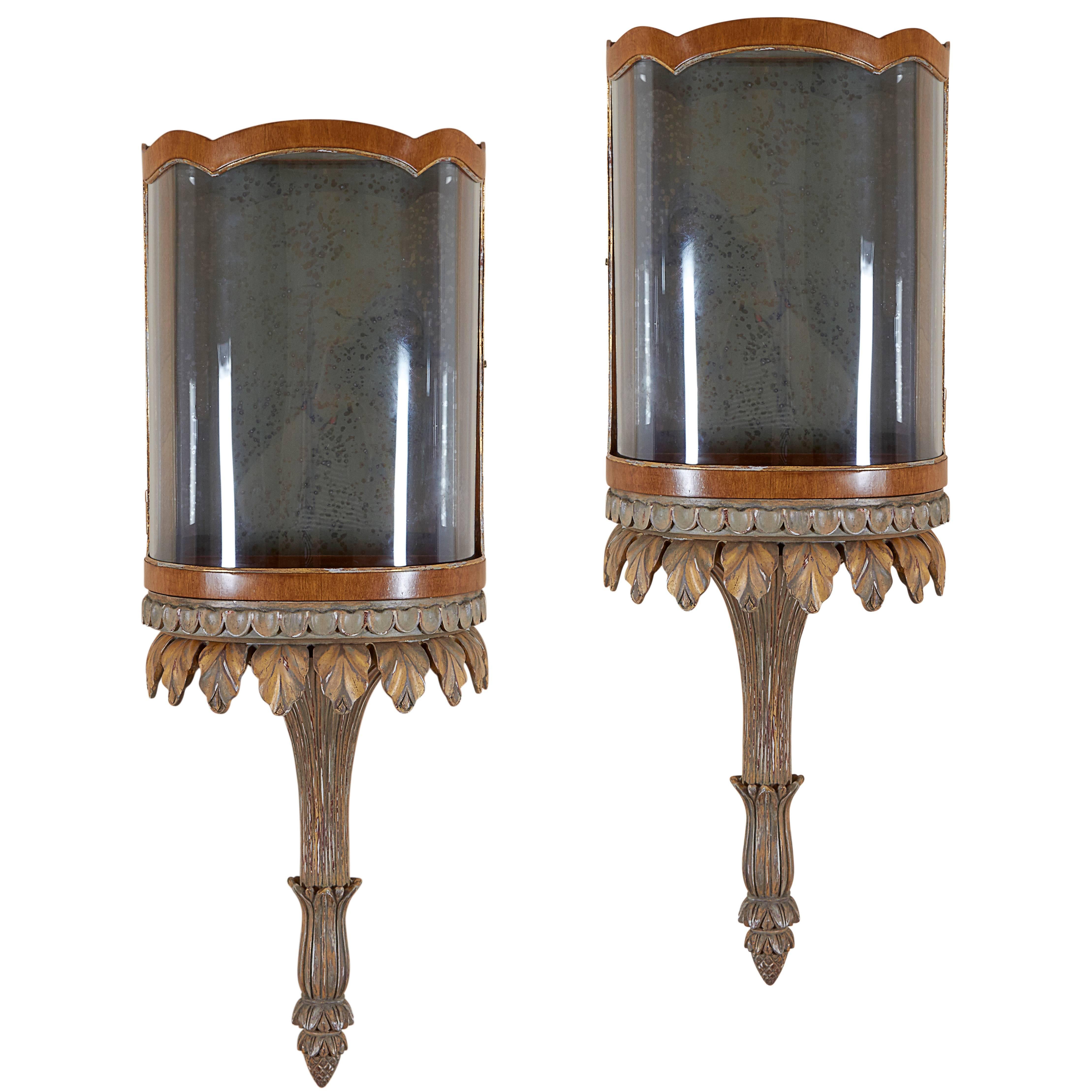 Large Pair of Regency Style Walnut and Gilt Wall Displays