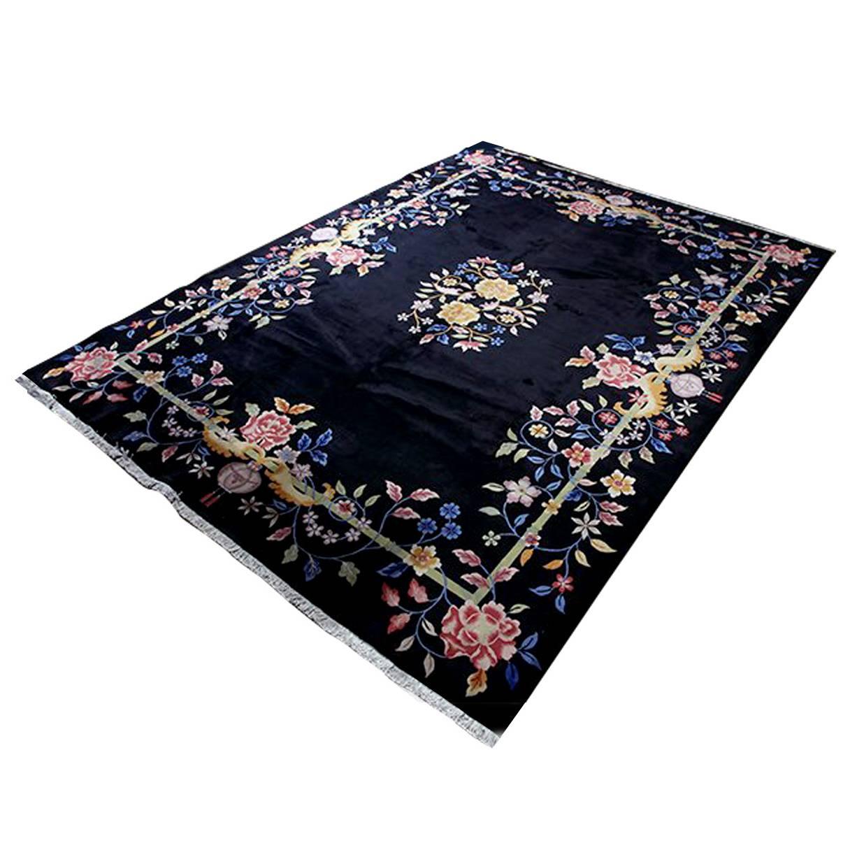 Black Antique Chinese Deco Rug For Sale