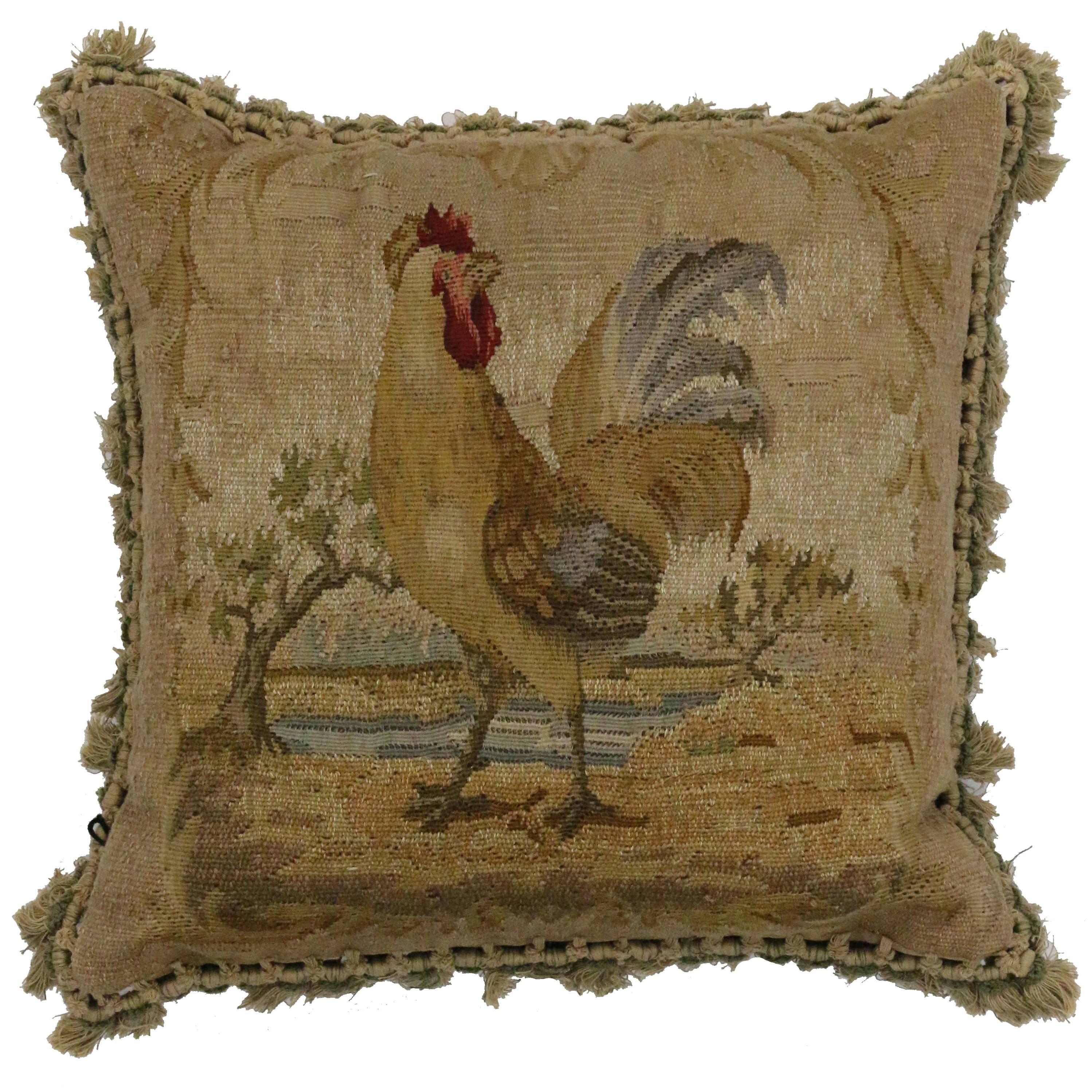 Late 19th Century Antique European Tapestry Pillow with Rooster