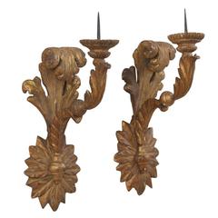 Pair of Italian Gilded and Carved Wooden Sconces
