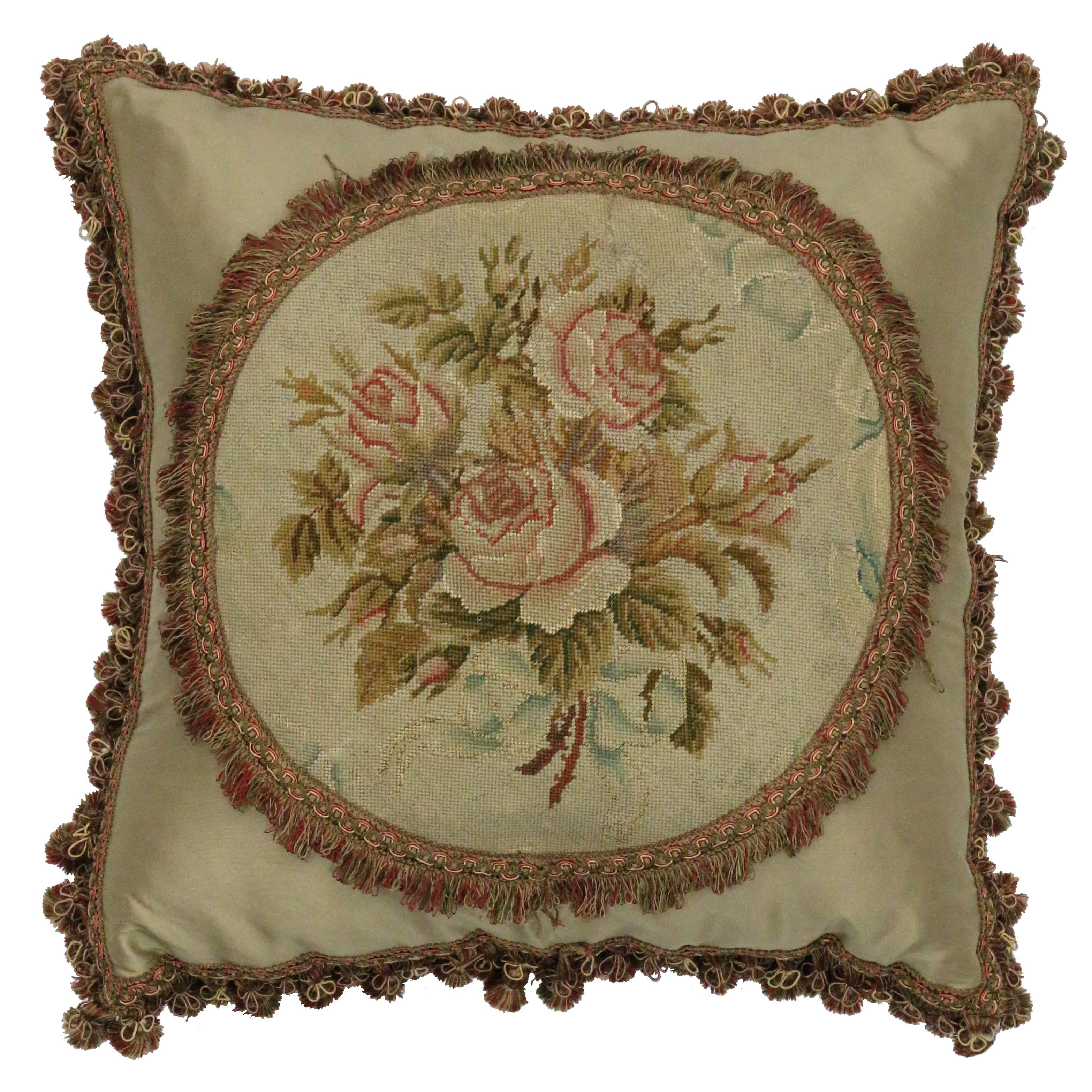 Late 19th Century Antique European Needlepoint Pillow with Aubusson Roses