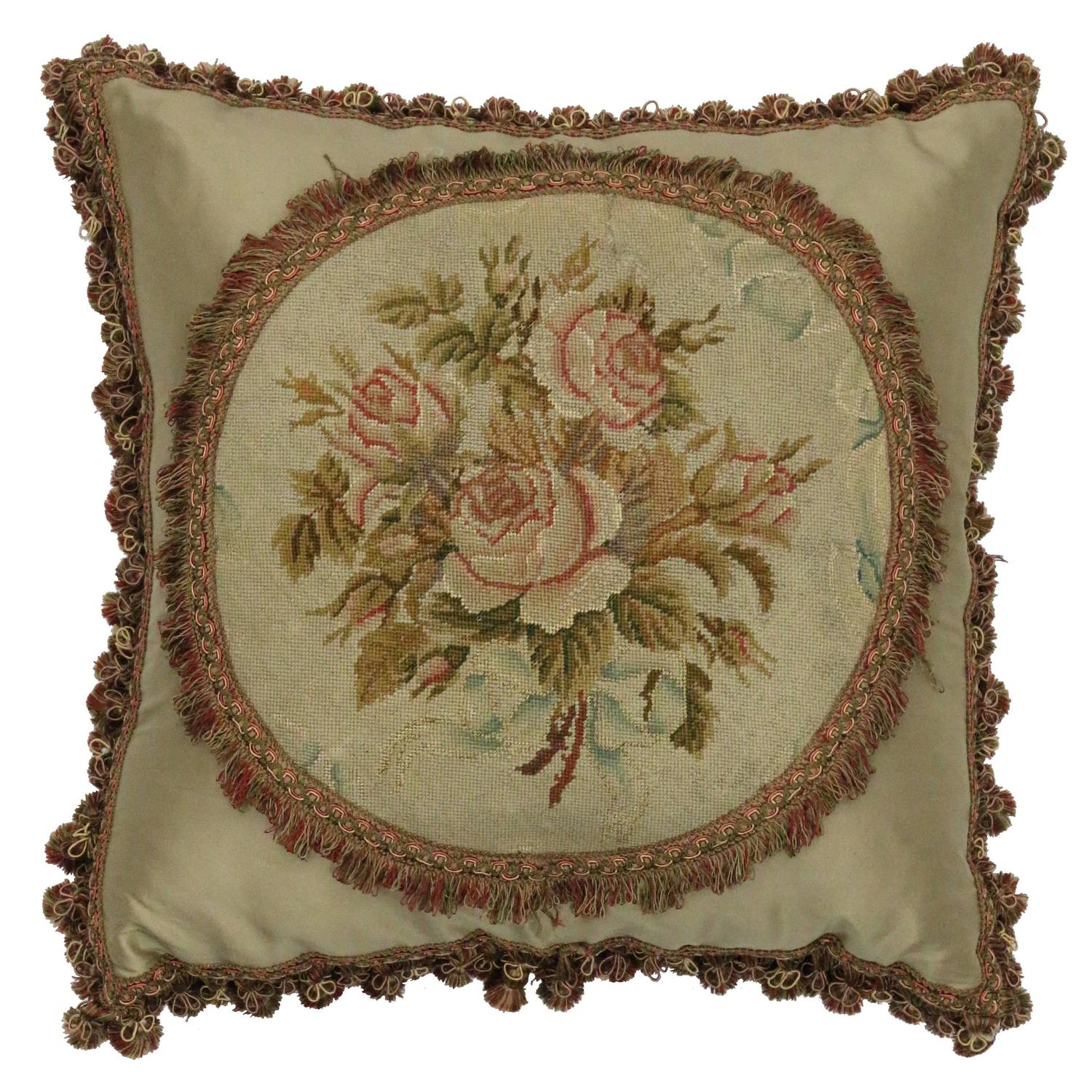 Late 19th Century Antique European Needlepoint Pillow with Aubusson
